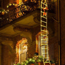 Festive garden scene with Santa Claus climbing into window.