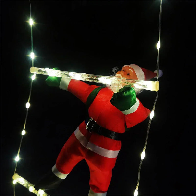Christmas decoration Santa Claus climbing tree with string lights.