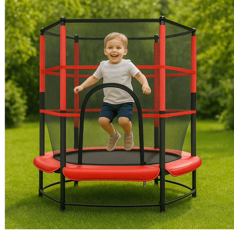 Trampolín 130 cm con Red de Seguridad para Niños 2 a 4 Años, niño saltando alegremente en el jardín.