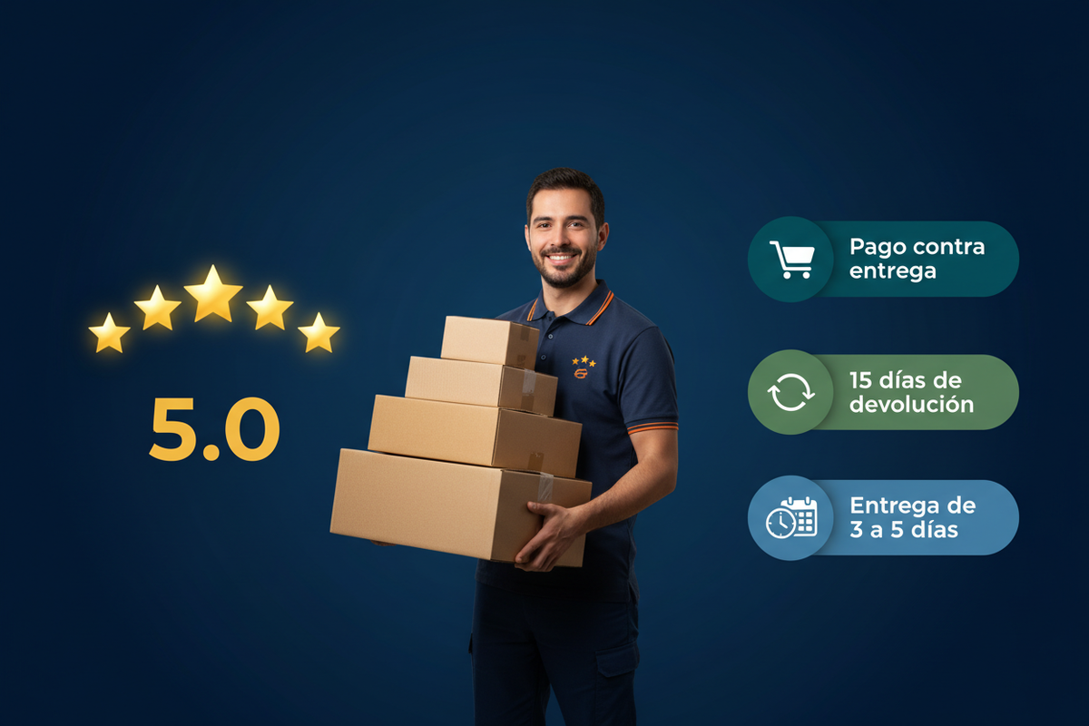 fondo azul oscuro , un repartidor con paquetes y 5 de valoracion y mensajes como pago contra entrega , 15 dias de devolucion y entrega de 3 a 5 dias